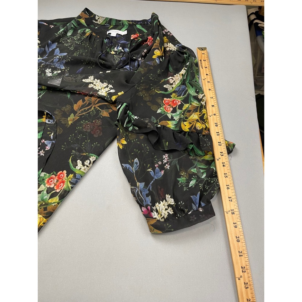 Chicos Black Floral Chiffon Blouse Tassel Tie Ruffle Sleeve Top Size 3.5 US 18 - Picture 10 of 10